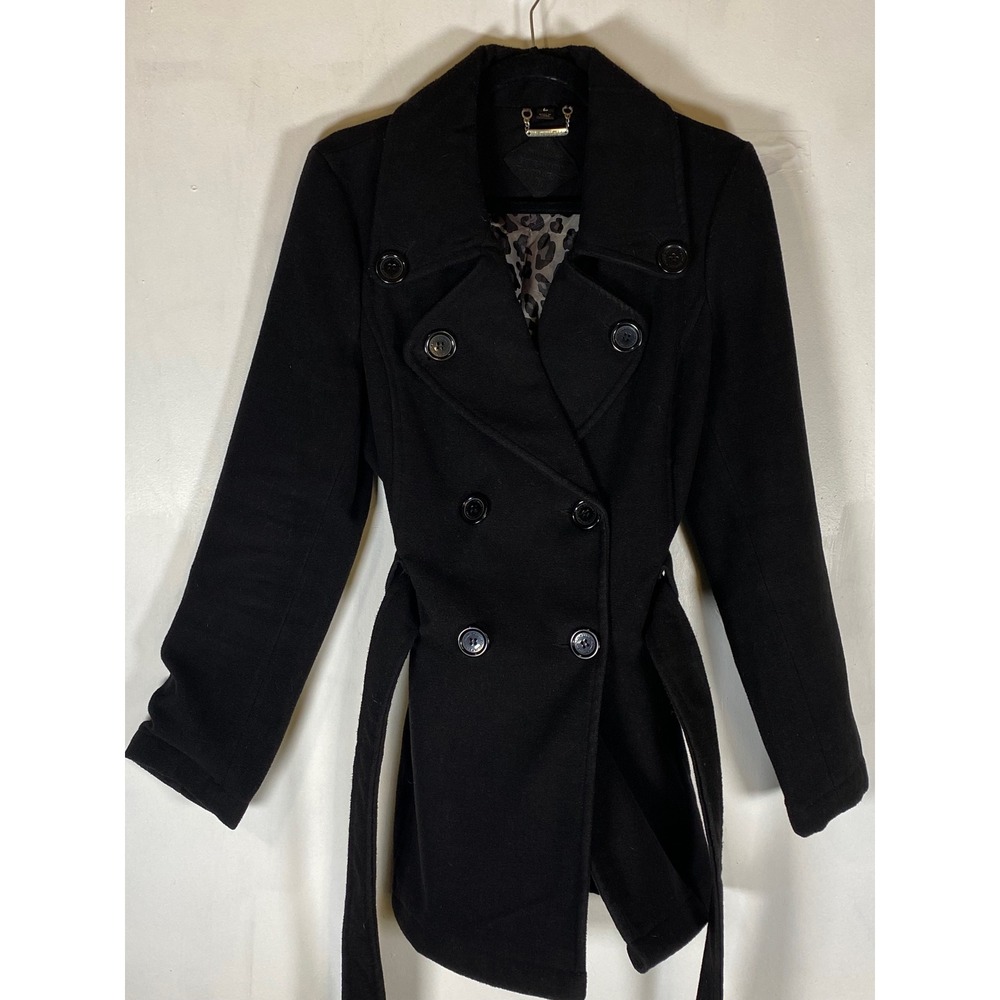 JouJou Black Double Breasted Belted Peacoat Jacket Large Wool Blend